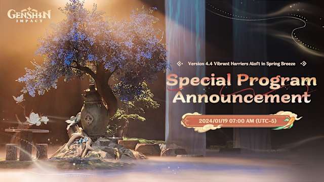 Genshin Impact 4.4 special program announcement poster showing a serene scene with a tree and waterfalls.